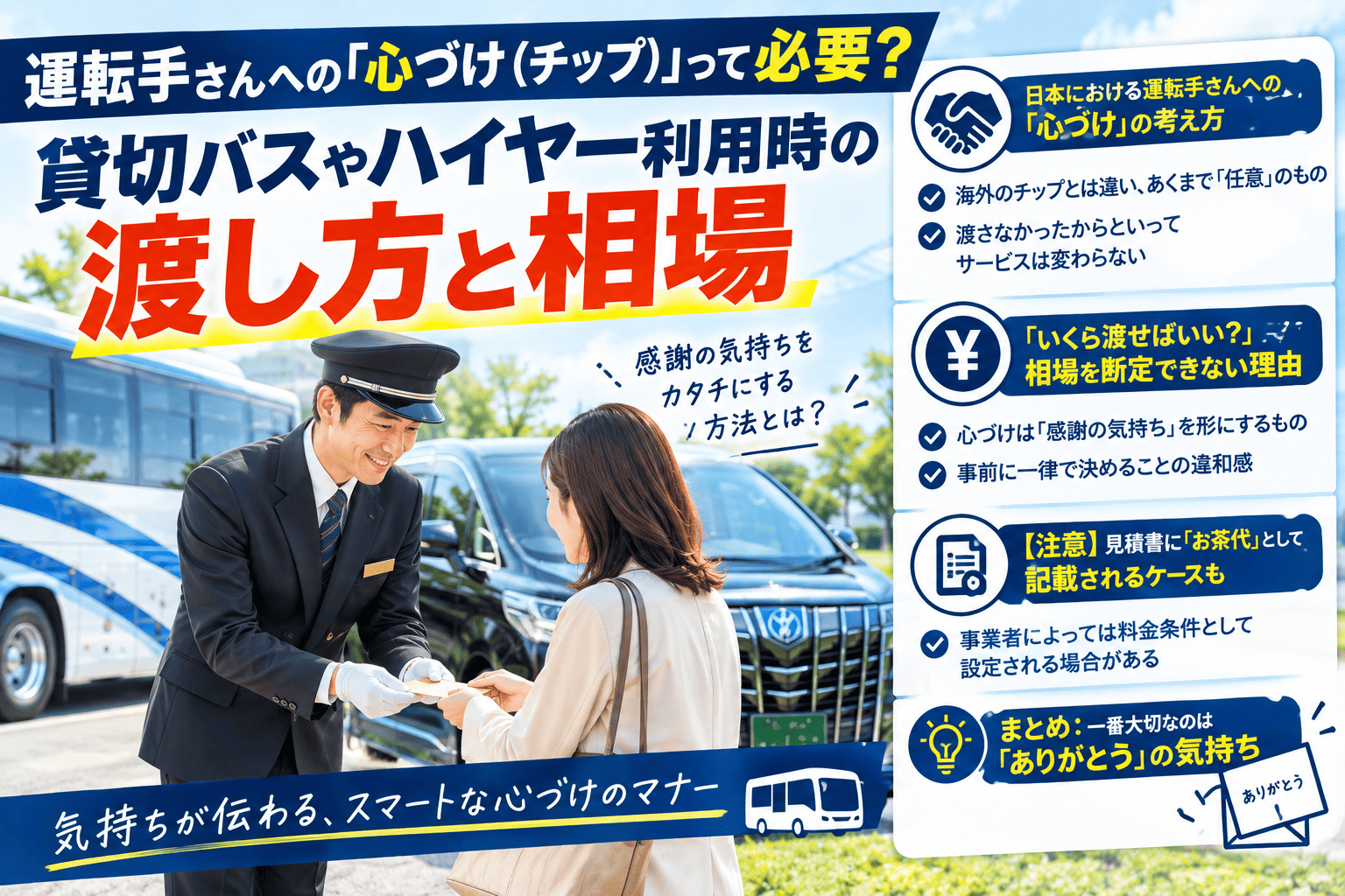 運転手さんへの「心づけ（チップ）」って必要？貸切バスやハイヤー利用時の渡し方と相場