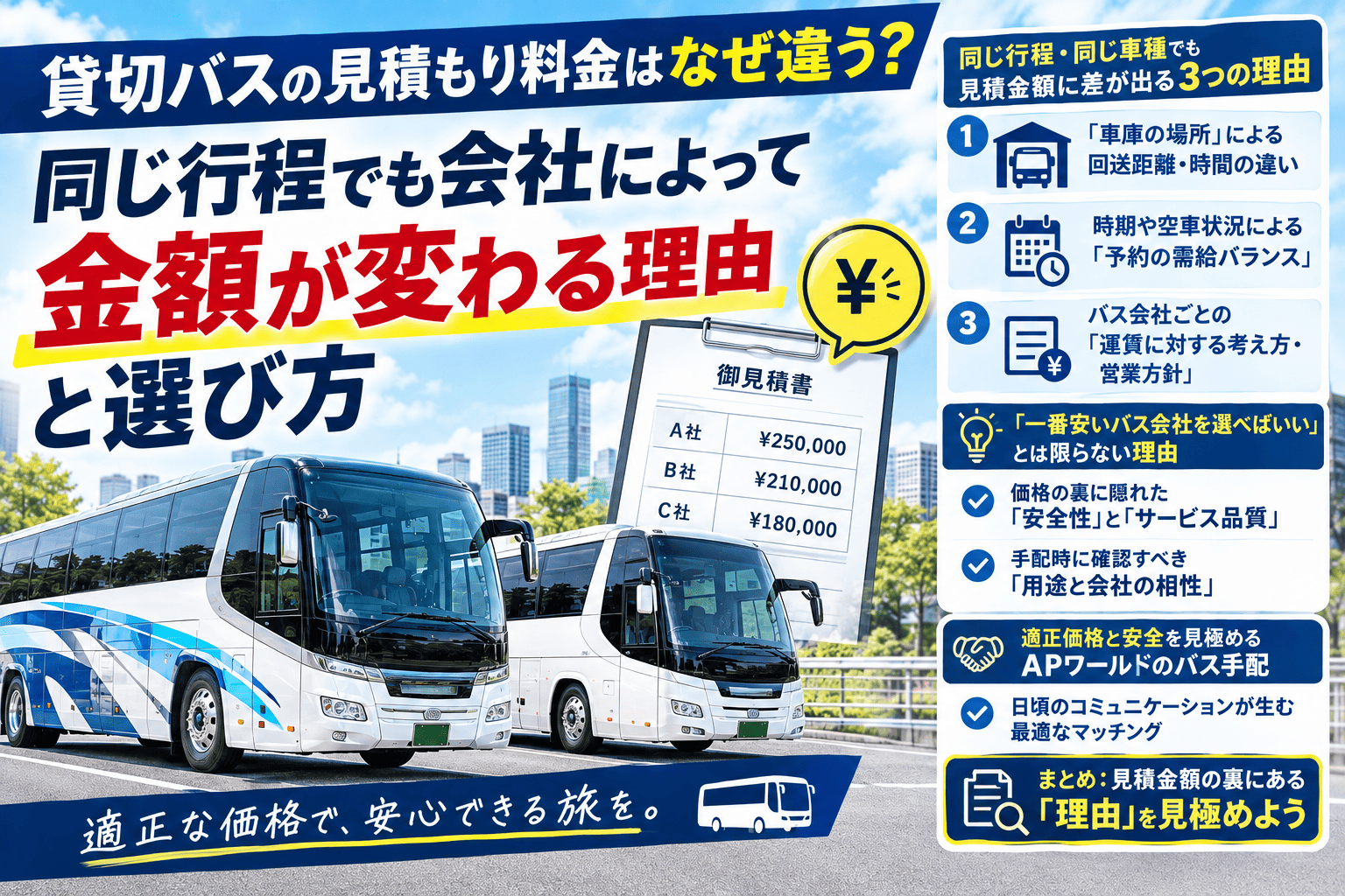 貸切バスの見積もり料金はなぜ違う？同じ行程でも会社によって金額が変わる理由と選び方